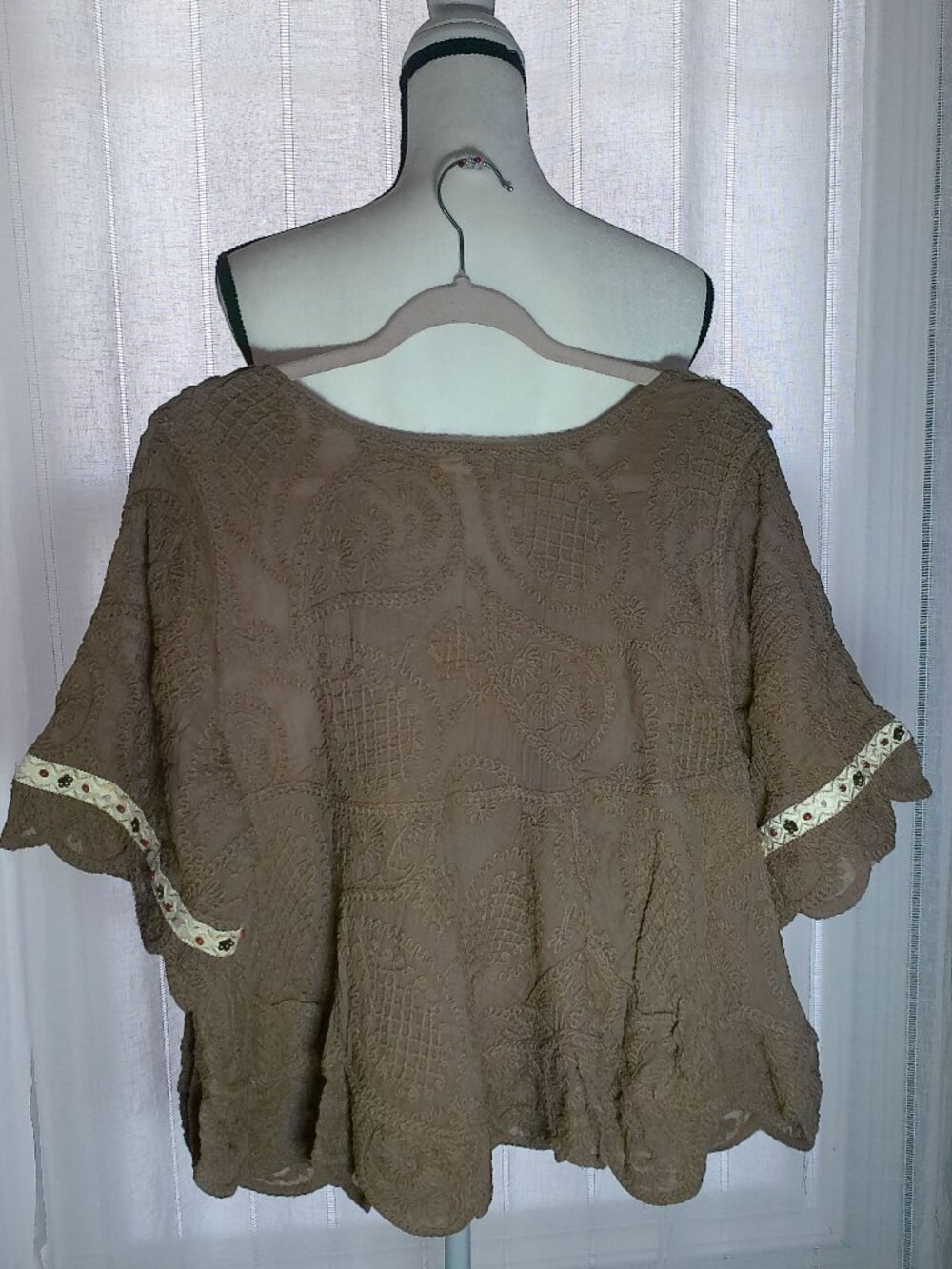 POL Short Slve Tie V-Neck Embroidery & Beading Through-Out Cocoa Brown Sweater 1 - Picture 3 of 10